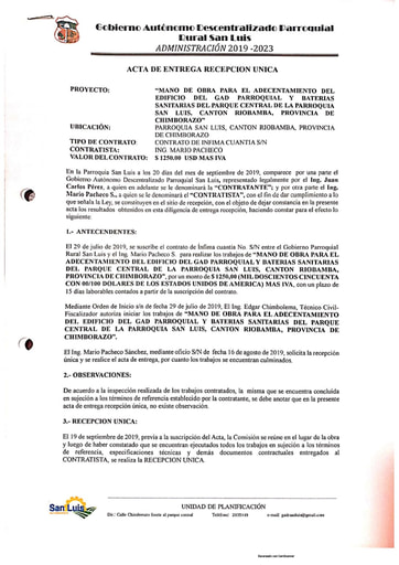 PROYECTO DE ADESCENTAMIENTO EN LA CASA PARROQUIAL Y REMODELACIÓN DE BATERIAS SANITARIAS EN EL PARQUE CENTRAL